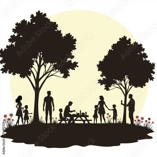 Family picnic silhouette with trees and flowers vector
