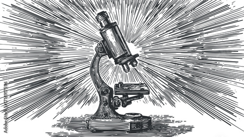 Vintage illustration of a microscope with radiating lines symbolizing discovery and scientific exploration.