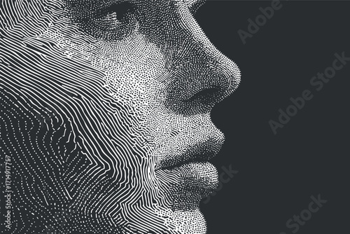 An abstract representation of a human face created with intricate line patterns on a dark background.