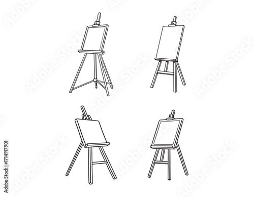 Four Easels Displayed in a Simple Black and White Illustration, Suitable for Coloring Pages and Art Education Materials