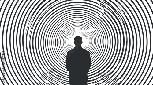 A silhouette figure stands against a swirling spiral background, representing hypnosis and deep thought.
