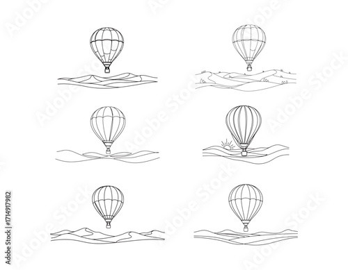 Hot Air Balloons Over Varied Landscapes Outlined in Black and White Simple Designs