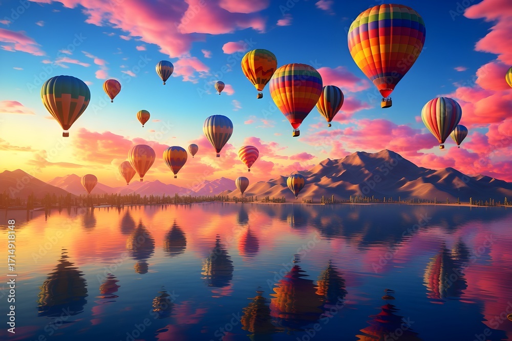 Fototapeta premium Mesmerizing Kaleidoscope of Hot Air Balloons Floating Gracefully Against a Vivid Sunrise, Colorful Sky Festival in 8K Ultra High Resolution