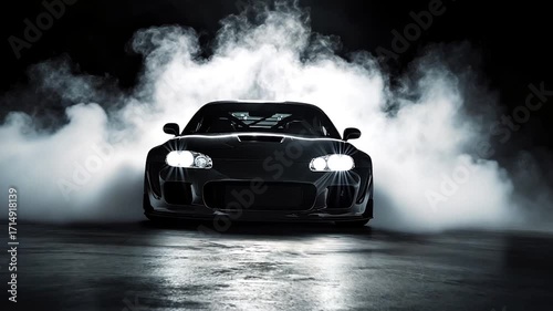 A black luxury sports car is emitting white smoke from the back and sides of the car.