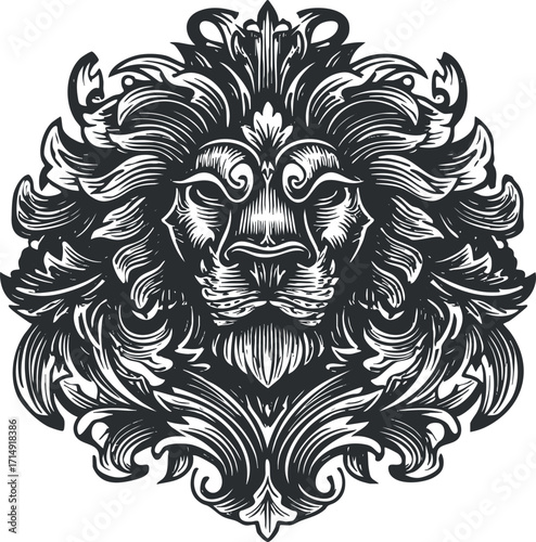 Intricate black and white illustration of a lion's head surrounded by ornate decorative elements.