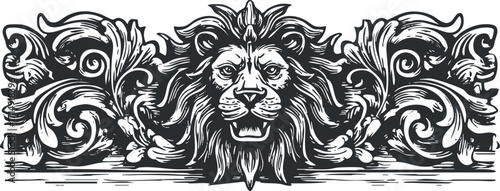 Ornate lion illustration featuring intricate floral designs and vintage style elements.