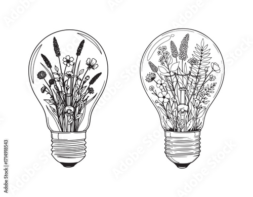 Botanical Lightbulbs Artistic Floral Designs Representing Innovation and Growth Creative Concepts Combining Nature with Technology Line Art