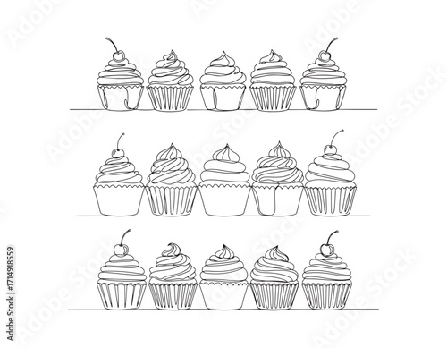Continuous Line Drawing of Cupcakes on Display A minimalist and decorative food art illustration for bakery or cafe design