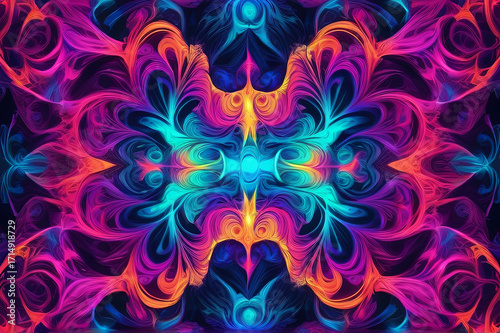 abstract fractal art with swirling neon colors in blue, pink, and purple, psychedelic background
