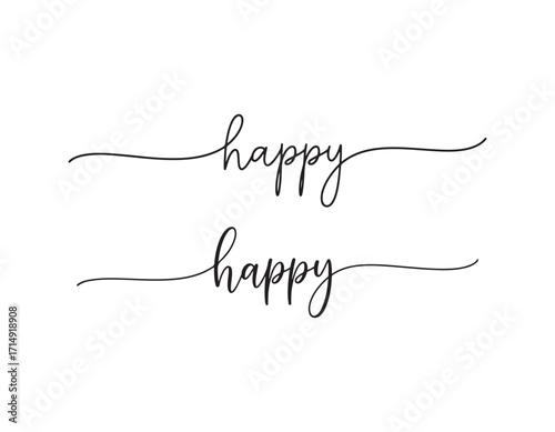 Elegant Calligraphic "Happy" Word Art with Swashes and Modern Minimalist Design Featuring Smooth Lines and a Cheerful Sentiment