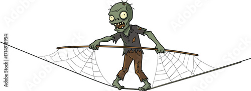Cartoon zombie character walking on a spider web tightrope with balancing stick, spooky funny Halloween illustration perfect for decorations and party themes