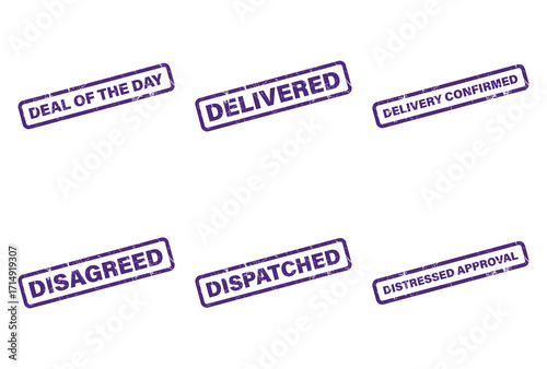 Six Rubber Stamps, Text, Delivered, Deal of the Day, Dispatched on White Background