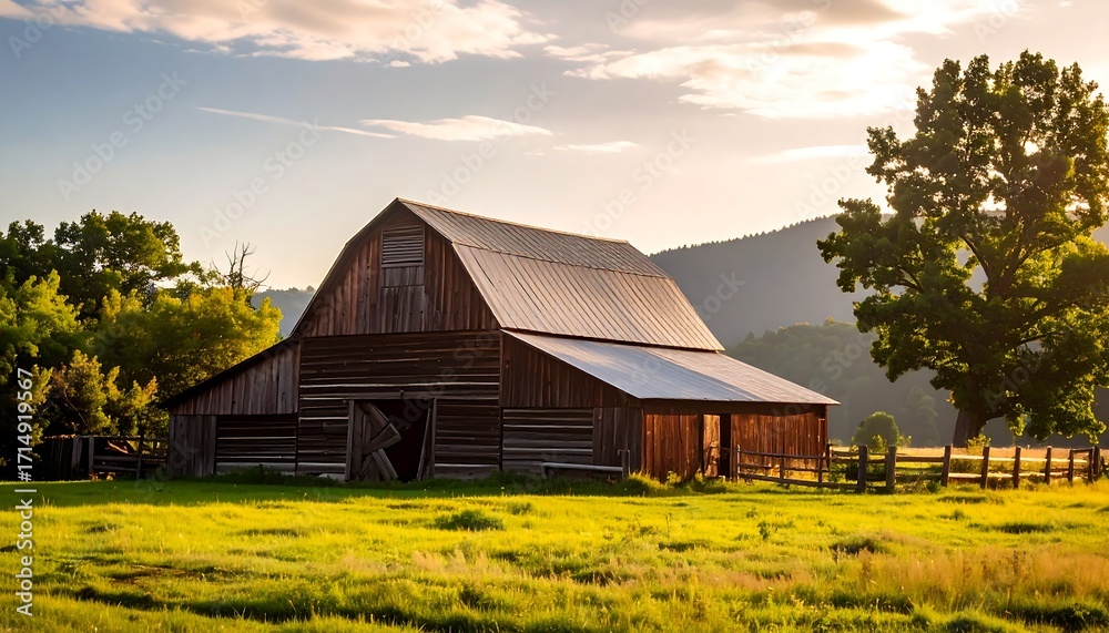 Obraz premium Rustic barn at dawn bathed in golden light