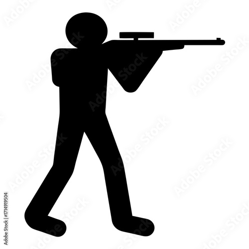 -Black silhouette of a person aiming with a rifle isolated on white background, representing shooting sport, target practice, competition, and marksmanship.