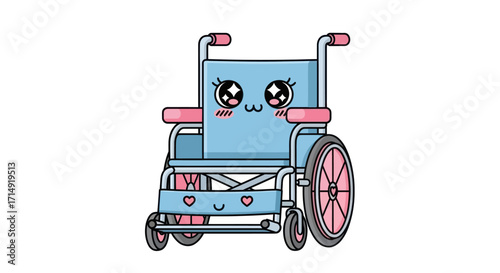 Cute Cartoon Wheelchair with Kawaii Face and Pink Accents.