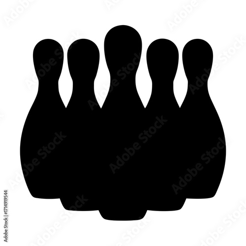 Silhouette of Bowling Pins Icon on White-Black silhouette of five bowling pins isolated on white background, representing sport, leisure, indoor game, competition, and recreational activity.