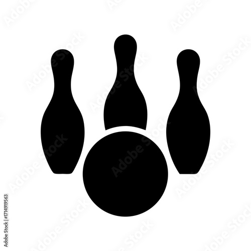 Silhouette of Bowling Ball and Pins Icon-Black silhouette of a bowling ball and three pins isolated on white background, symbolizing sport, leisure, recreation, competition, and fun.