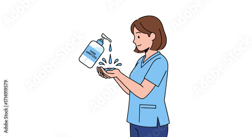 A female nurse in light blue scrubs sanitizing her hands with a pump bottle of alcohol gel.