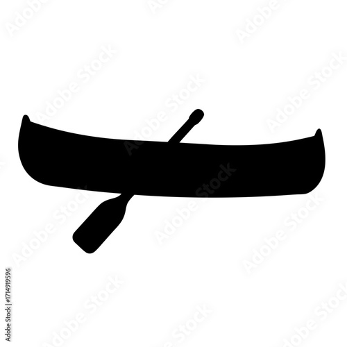 -Black silhouette of a canoe with a paddle isolated on white background, representing kayaking, boating, outdoor adventure, water sport, and recreation.