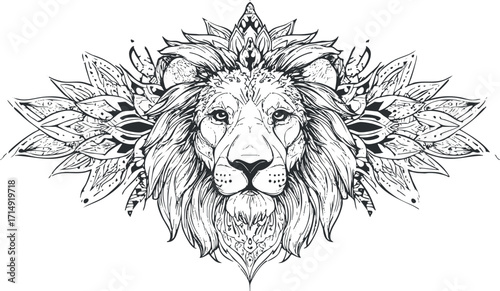 A detailed black and white illustration of a lion surrounded by floral mandala patterns.