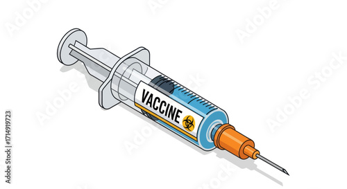 Medical Syringe with Vaccine Label and Blue Liquid.