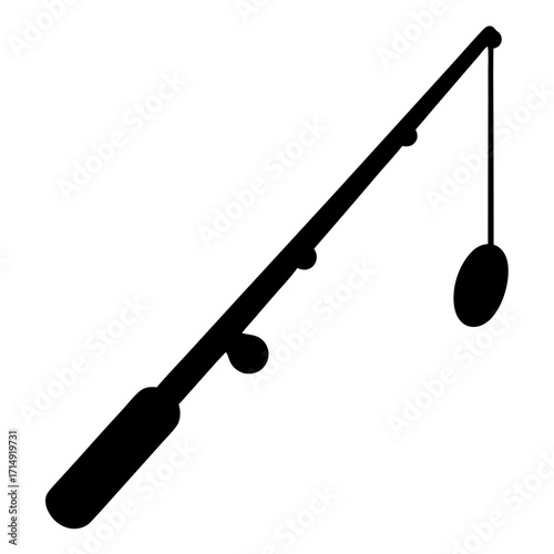 Silhouette of Fishing Rod with Hook Icon-Black silhouette of a fishing rod with line and hook isolated on white background, representing angling, hobby, outdoor activity, and recreation.