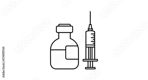 Simple line art illustration of medical vial and syringe for vaccination.