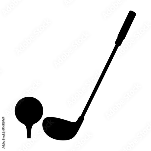 Silhouette of Golf Club and Ball on Tee-Black silhouette of a golf club with ball on tee isolated on white background, representing sport, competition, leisure, and precision activity.