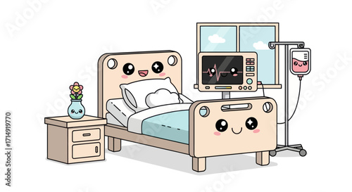 Cartoon Hospital Bed with Monitor and IV Drip Cute Kawaii Style.