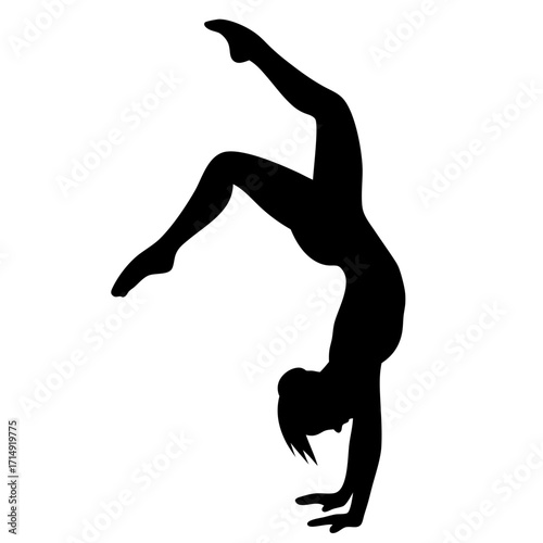 Silhouette of Woman Doing Handstand Pose-Black silhouette of a woman performing a handstand on white background, symbolizing gymnastics, fitness, strength, balance, flexibility, and exercise.