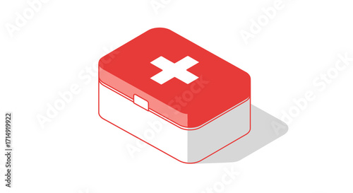 Isometric Red and White First Aid Kit with Cross.