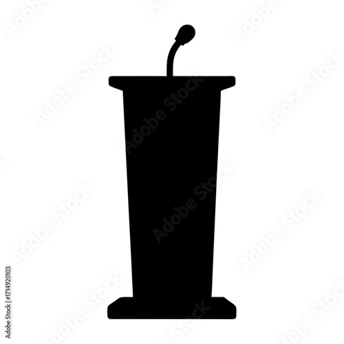 Silhouette of podium with microphone icon-Black silhouette illustration of a podium with microphone, simple flat design isolated on white background for speech, conference, or presentation themes.
