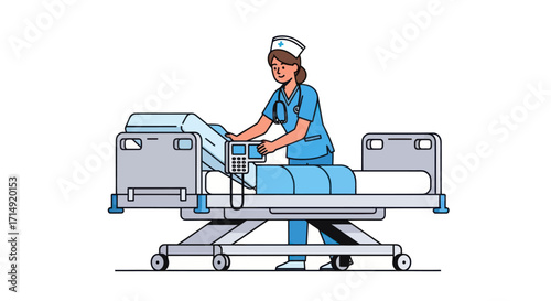 Nurse making a hospital bed preparing it for a patient with clean sheets and adjustable frame.