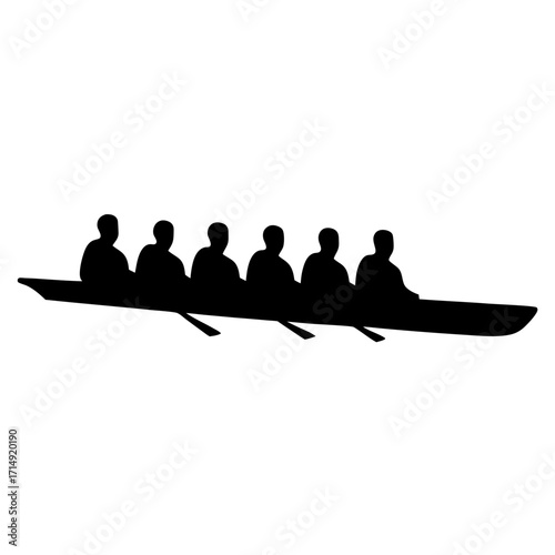 Silhouette of rowing team in boat icon-Black silhouette illustration of a rowing crew paddling in a boat, simple flat design isolated on white background for sports or teamwork themes.