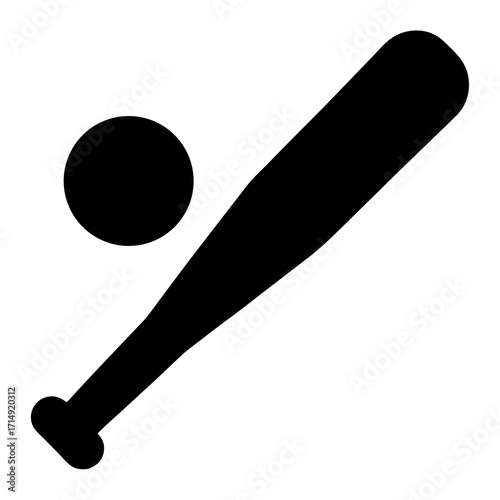 Silhouette of baseball bat and ball icon-Black silhouette illustration of a baseball bat with ball, simple flat design isolated on white background for sports concepts.