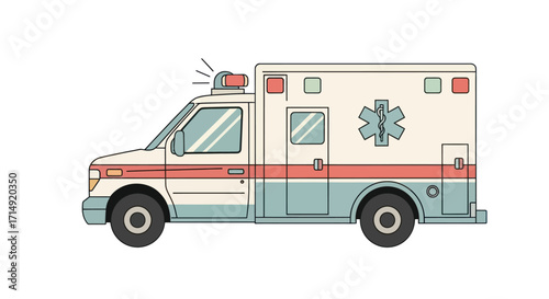 Cartoon Illustration of a White and Red Ambulance Vehicle.