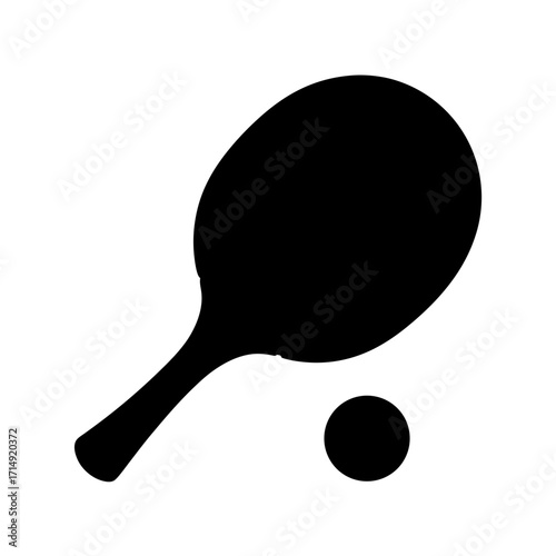 Black silhouette of table tennis paddle and ball-Solid black silhouette of a table tennis paddle with a ball, isolated on white background, symbolizing ping pong sport and recreation.