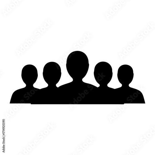 Black silhouette of group of people icon-Solid black silhouette representing a group of people standing together, symbolizing community, teamwork, leadership, and social connection.