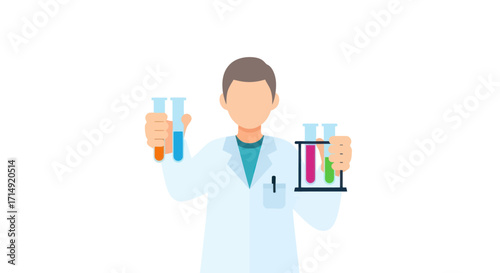 Scientist holding colorful test tubes in a lab coat for chemical experiments.