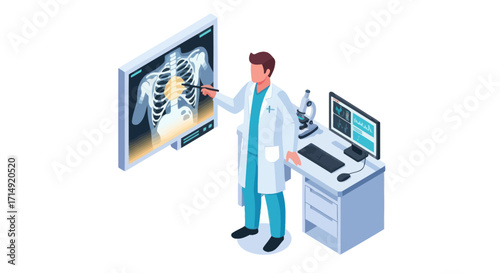 Isometric Doctor Analyzing Digital Chest X-ray on Large Screen.