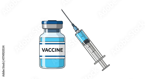 Vaccine vial and syringe filled with blue liquid ready for injection.
