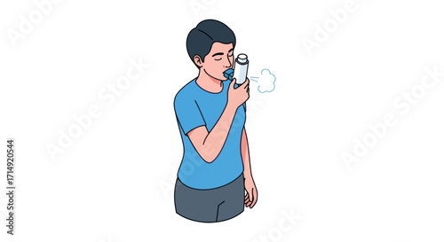Young Man Using Inhaler for Asthma Relief.