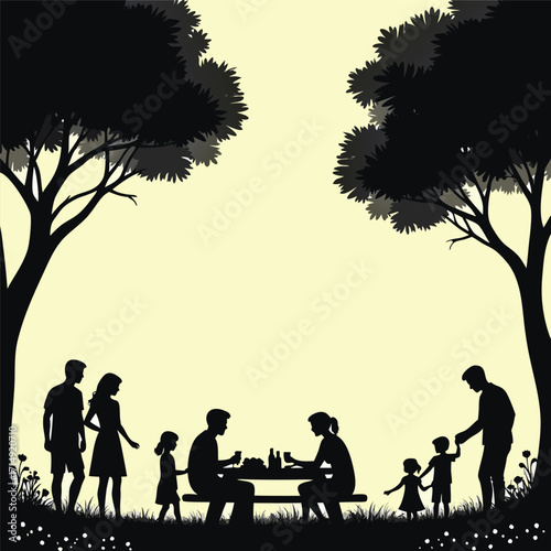 Silhouette family picnic under trees with food and drinks
