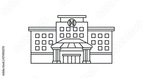 Modern Hospital Building Facade with Entrance Canopy and H Symbol.