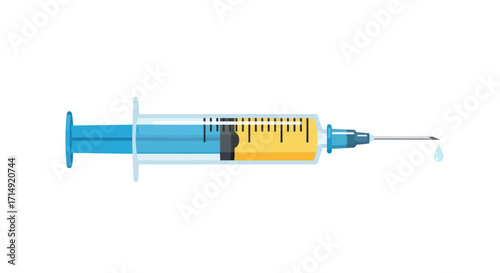 Medical Syringe with Yellow Liquid and Droplet.