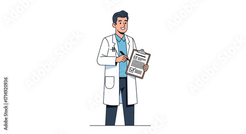 Smiling Male Doctor Holding Clipboard and Pen.
