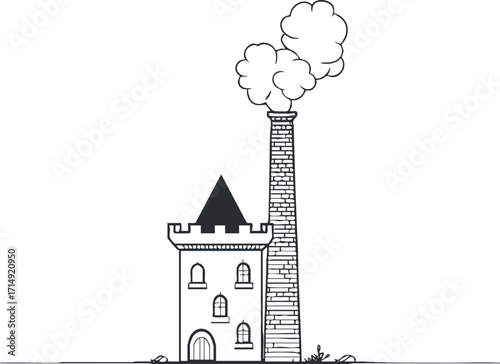 A whimsical black and white illustration of a castle with a tall chimney emitting smoke.
