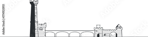 A detailed illustration of a medieval castle featuring towers and battlements in a sketch style.