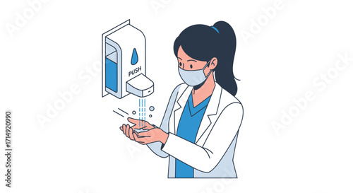 Woman in mask using hand sanitizer dispenser for hygiene and protection.