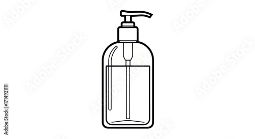 A simple black and white line art illustration of a clear plastic pump dispenser bottle for liquid soap or hand sanitizer.